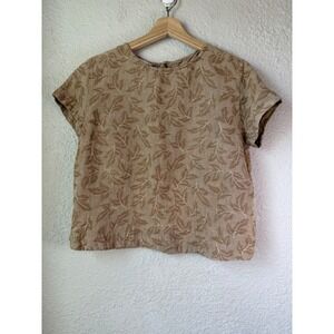 Vintage Y2K Wildroot Linen Leaf Print Short Sleeve Button Back Top Women Medium